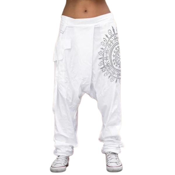 Fianao Dam Låg Midja Drop Crotch Retro Print Saggy Baggy Byxor Lös Harem Byxor-WELLNGS Vit White XL