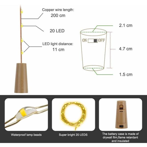 10 LED vinflaskelys, LED-fe lys, kobbertråd, batteri