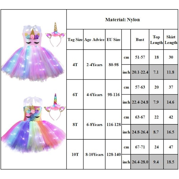 Enhjørningskjole for jenter Kostyme LED Light Up Dress up Halloween Regnbue skjørt Rainbow skirt 8T