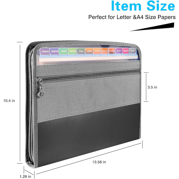 2-pakks utvidbar A4-mappe, 13 lommer Dokument-trekkspillmappe Sorteringsmappe med glidelås, dokumentveske Canvasveske Veske Bågm 2 Pack Gray Expanding Folders