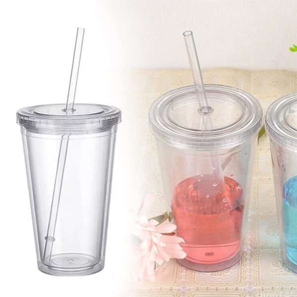 Plastmugg Resemugg Med Sugrör, Dubbelväggig Förseglad Plastmugg Transparent Drickmugg För Fruktjuice Smoothie