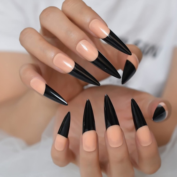 Ekstra lange brune svarte falske negler Stiletto Sharp Press On Nails Full Cover Glossy Acrylic Salon Falske neglkunsttips 24st