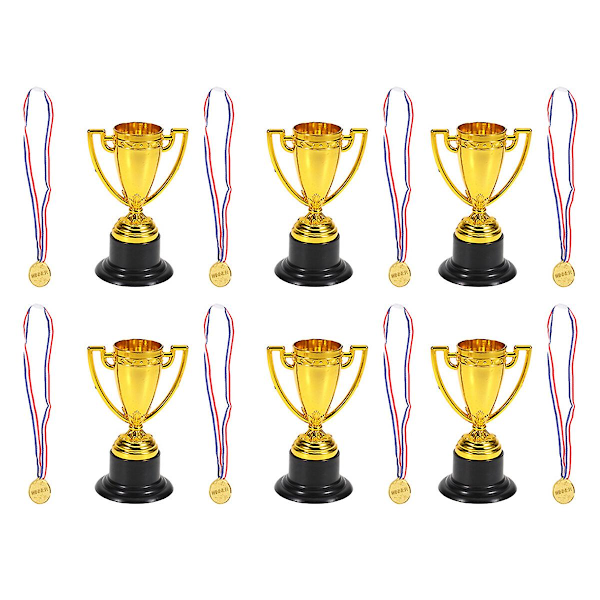 12 stk. Mini Plastik Guld Pokaler Belønningspræmier Børn Små Medaljer Børnegaver Præmier Trofæ Guld (6xTrofæ Golden