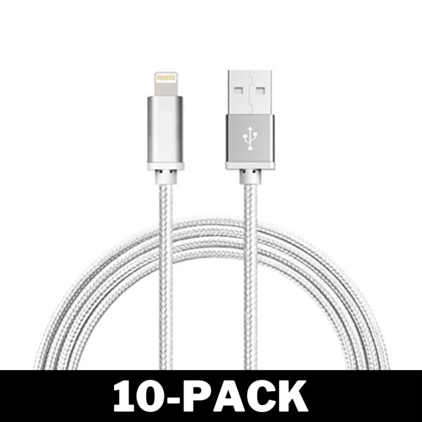 1M Kabel iPhone Laddare Nylon Snabbladdning Silver 10-Pack