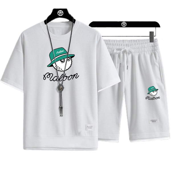 Herr Malbon Træningsoverall Sæt Sportstøj Kortærmet Top Shorts Sommer Casual Street White White 2XL