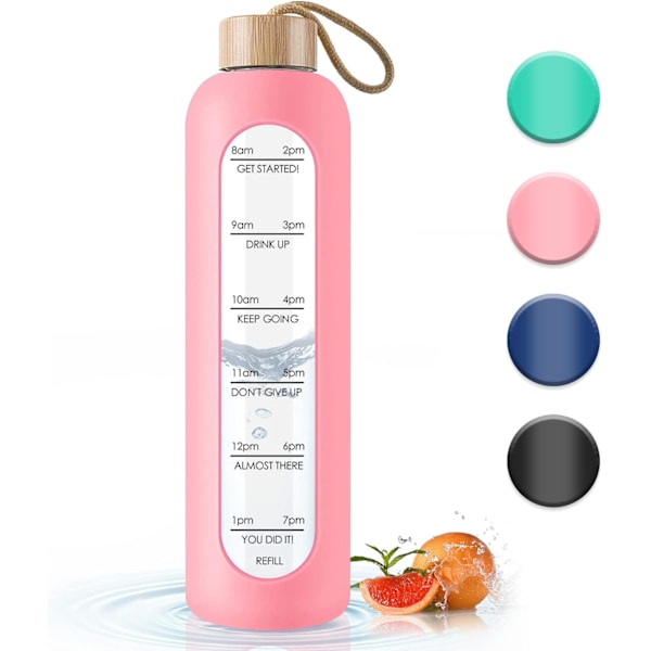 Glas Vandflaske med Bambuslåg - 1000ml Sportsdrikkeflaske med Tidsmarkering, Genanvendelig Knusesikker Silikone Sleeve Flaske til Fitnesscenter Udendørs Pink