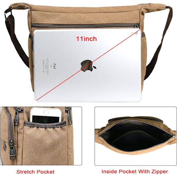 Vattentät Messenger Bag Axelväska 13 Tum, Canvas Crossbody Väska med Flera Fickor för Män, Lätt Casual Axelväska för Utomhusfiske Camping Coffee