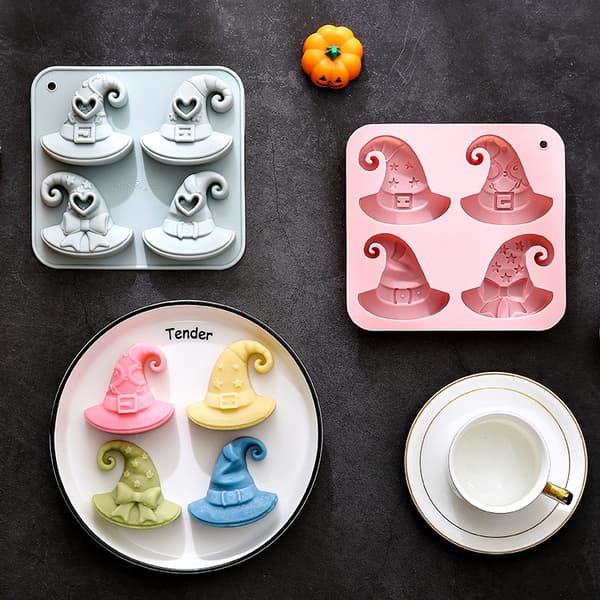 4-hulrums silikoneform til heksehatte, Halloween chokoladekagebageplade med 4 forskellige designs pink