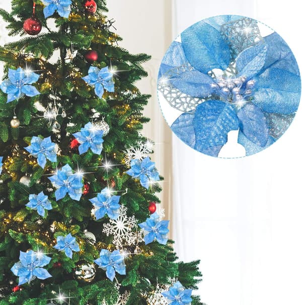 36 stk julepynt kunstige blomster, tredekorasjon blå blue