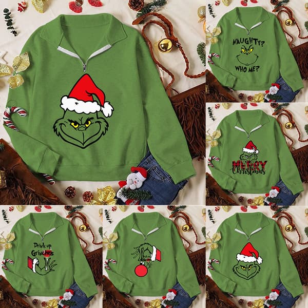 Grinch Kvinner Casual Langærmet Julgenser med Trykt E E M