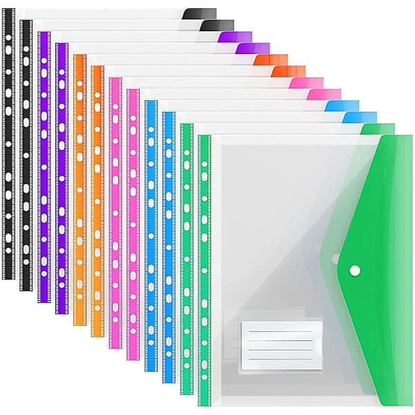 12-pak A4 plastiklommer med knapper - udvidelig mappe, snaplukning til ringbind