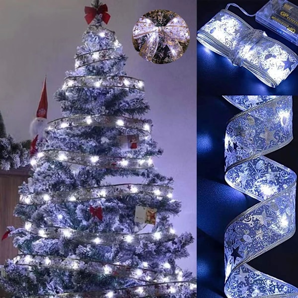 Julklappssnöre med silverband och LED-lampor, 10 meter, 100 lampor, batteridriven koppartråd för julgran