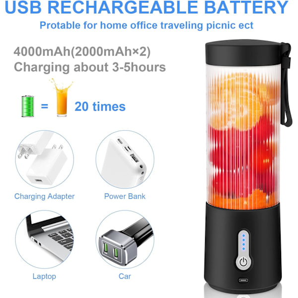 Kannettava Blenderi, 15.2Oz USB Ladattava Blenderi Smoothieille ja Sekoituksille 6 Terällä Mehukonekupilla, BPA-Vapaa Muovi