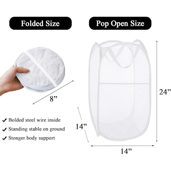Pop-up tvättkorgar, bärbara tvättkorgar i nät, hopfällbar tvättkorg för sovrum, resor, badrum, studentboende, vit - 2-pack