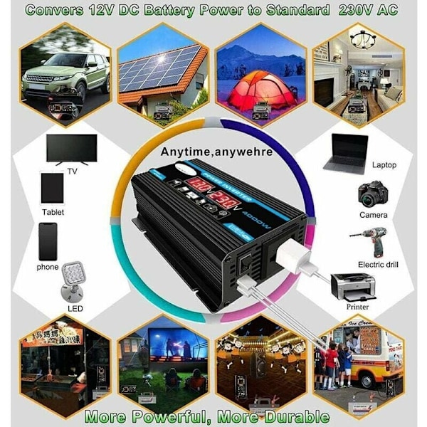 12V 220V invertteri, 4000W 12V 220V/110V AC autosta autoon puhdas siniaaltoinvertteri, laturimuunnin, kaksois-USB-invertteriadapteri, muunnettu muuntaja