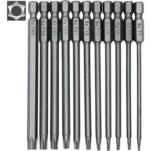 Lengde 100 mm - Sett med 11 lange bits for skrutrekkere og elektriske