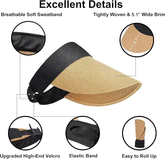 Solhatte til kvinder med bred skygge, halm, wrap til hestehale, sommerstrand