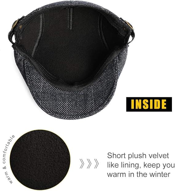 Hatt for menn, flat beret, justerbar, høst og vinter