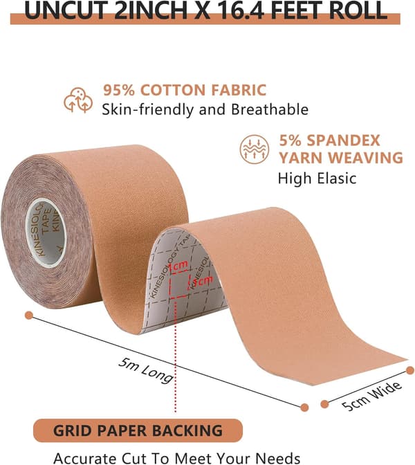 Elastisk terapeutisk sportstape - 6 ruller sett, 5 cm x 5 meter per rull (Beige)