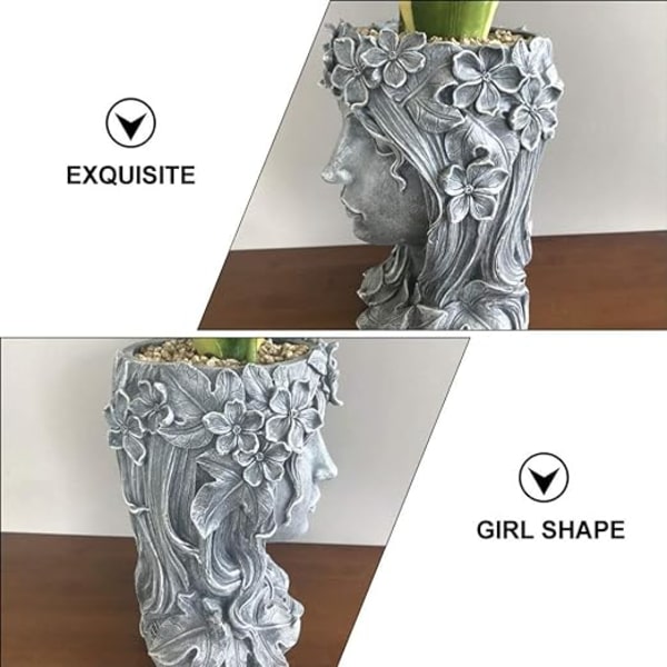 Grå flicka suckulent växtkruka resin kvinna staty planter resin