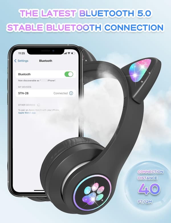 Bluetooth-hörlurar för barn med HD-mikrofon/LED-lampor (svart)