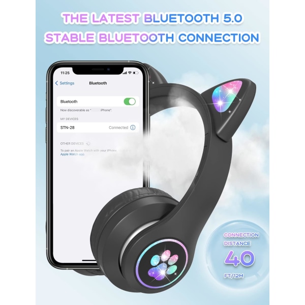 Bluetooth-kuulokkeet lapsille HD-mikrofonilla/LED-valoilla (musta)