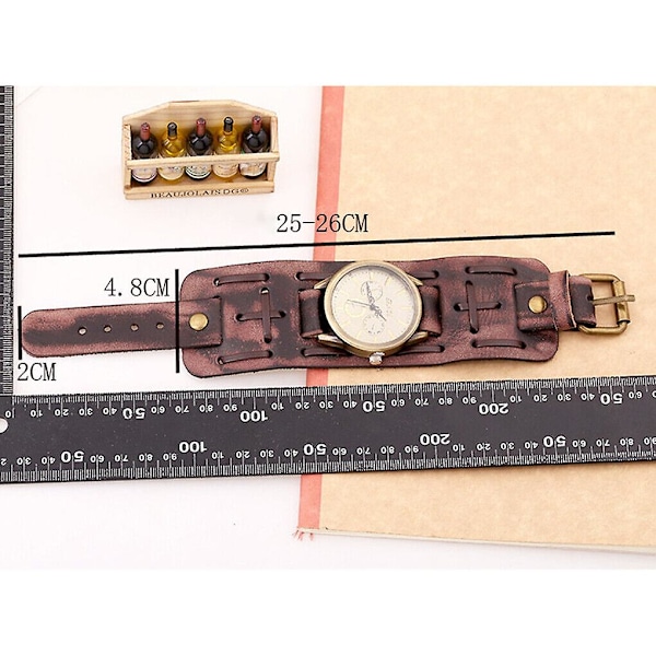 Herr Retro Armband Klocka Band Bred Läder Remanchett Vintage Quartz Armbandsur Brun