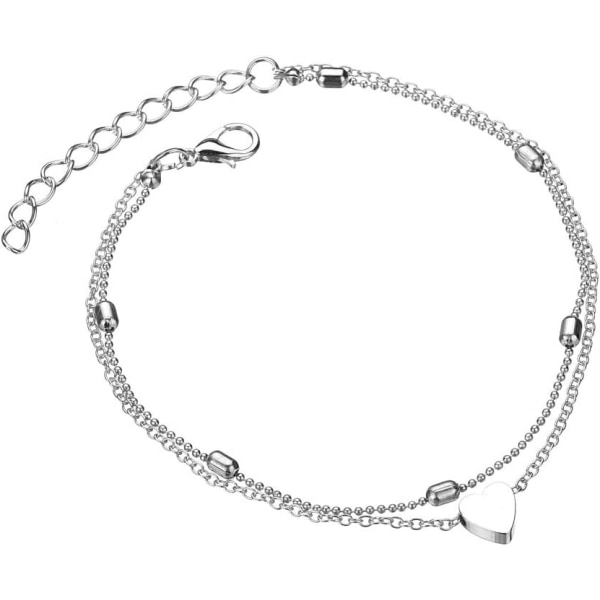 1 pcs(Silver)Boho Anklets with Double Silver Heart Beads Anklet