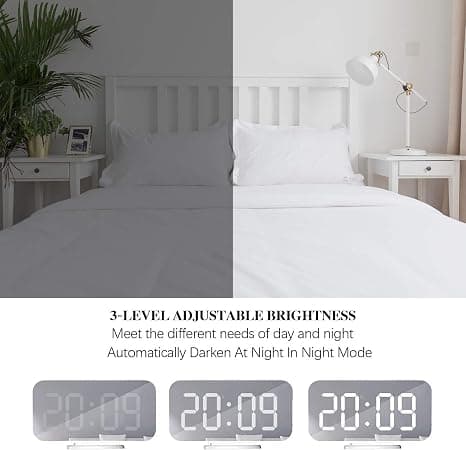 (Vit) Digital väckarklocka, stor spegel LED-klocka, snooze, dimbar