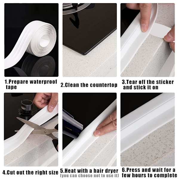 Trefoldet tætningsbånd (320 x 3,8 cm), hvid PVC-strimmel, selvklæbende anti-skimmel og anti-lækage tape, der er egnet til mange O