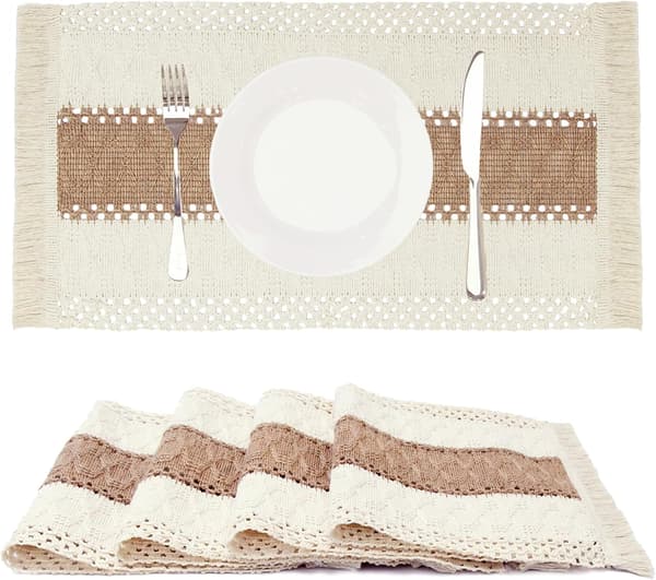 Boho-dukar, set om 4, macramé-bordsdekoration och bondgårdsstil