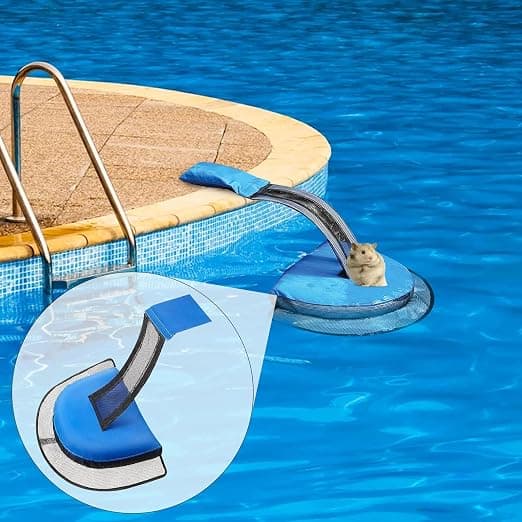 2 blå flytande räddningsramper för djur i poolen