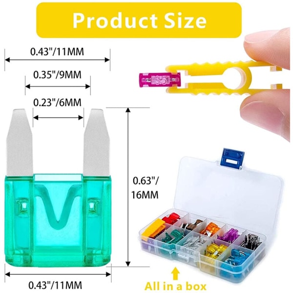 Sæt med bilsikringer - 100 stk. mini-bilsikringer + 1 aftrækker, mini-autosikringer