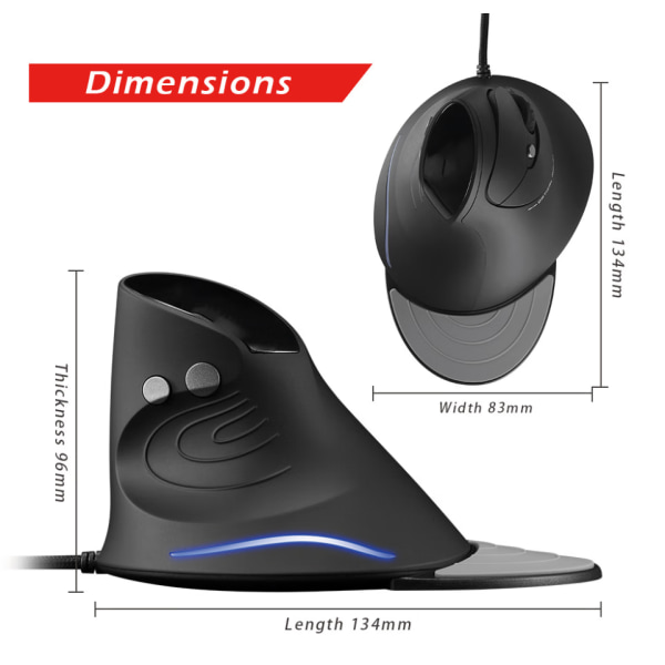 Trådløs Mus, 2.4GHz Ergonomisk Vertikal Mus med Nano-Mottaker