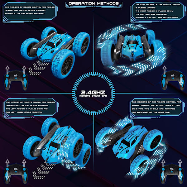 Kauko-ohjattava 360° temppuauton, 2,4 GHz:n RC-auto, kaksisuuntainen kaukosäätimellä, pyöränvalot, 4 akkua, 4WD maastoauto