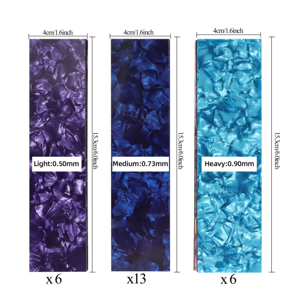 25 DIY-gitarrblad (6 st 0,50 mm, 13 st 0,73 mm, 6 st 0,90 mm)