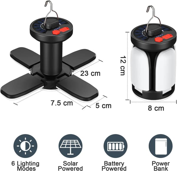 LED Camping Lanterne 4500 mAh Solcellelampe USB Oppladbar 6 Moduser