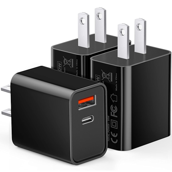 3-pack Typ C-laddare, dubbel USB-C väggkontakt 20W PD & QC3.0 USB-A snabbladdningsblock för Samsung Galaxy S22 S2