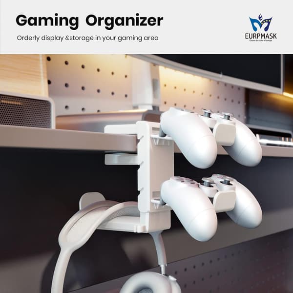 3-i-1 PC Gaming Headset & Controller Holder -  Hovedetelefon Stativ med Justerbar Klemme & 2 Controller Holder & Roterende Arm & C