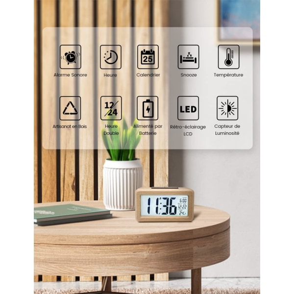 Wooden Digital Alarm Clock, LED Alarm Clock Non Ticking Digital