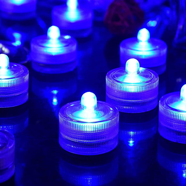 Blå 24stk Vanntett Undervanns Rund Mini LED Tealights Nedsenkbare Lys for Hjem Bryllupsfest Vase Festival Valentinsdag Dekorasjon