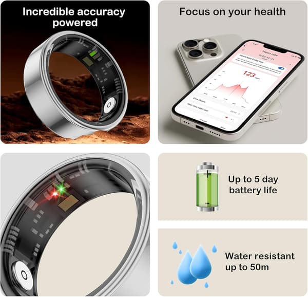Smart Ring Sömnmätare, IP68 Vattentät för iOS/Android (Silver, 12)