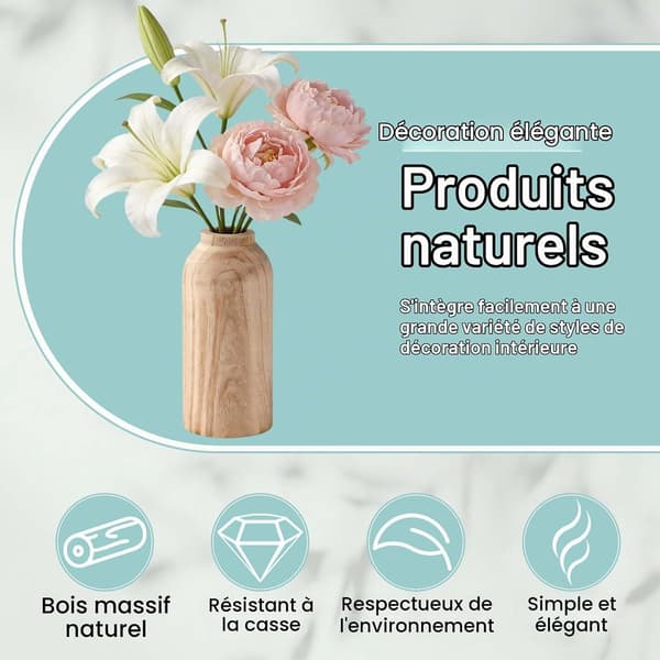 Dekorativ trävas, 25 cm, för sovrum, vardagsrum, med räfflor, rymmer konstgjorda växter och blommor