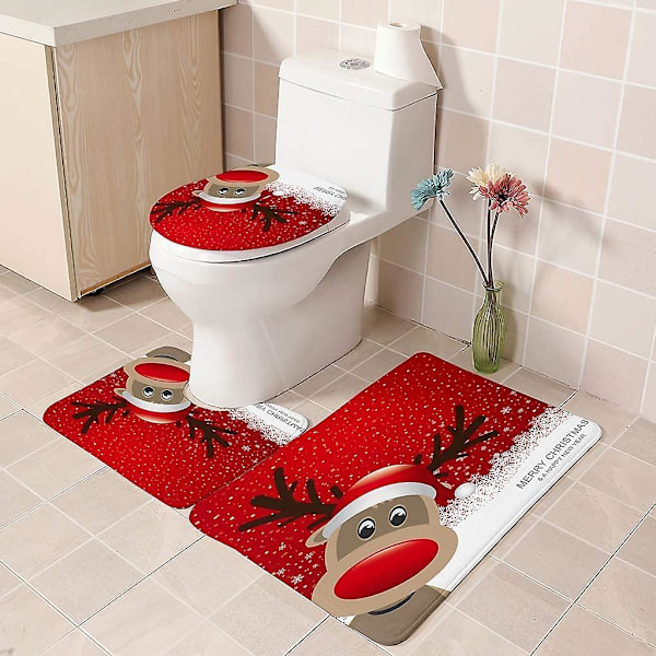 Glædelig jul bruseforhængssæt til badeværelse, 4 stk. julebruseforhæng/skridsikkert badeværelsestæppe/låg toiletdæksel/bade måtte, sjovt elg-dekor