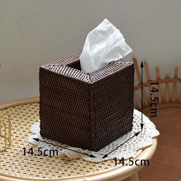 Square Rattan Tissue Box Cover, Hand-Woven Tissue Holder (Brown)