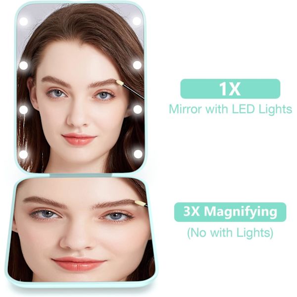 LED-valaistu matkapiili, pyöreä, syaani, suurennospeili