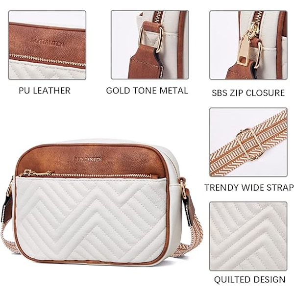 Damer Quiltad Crossbody Väska i Konstläder, Liten Axelväska med Bred Rem (Vit Brun)