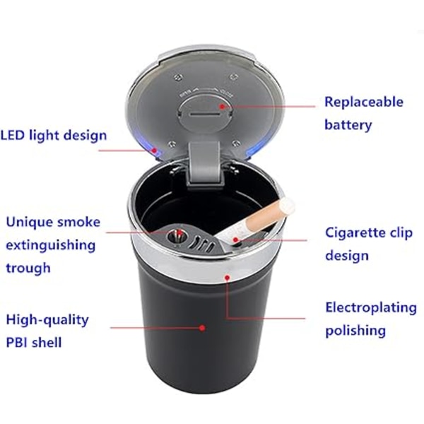 Black Car Ashtray with Smell Proof Cover, Removable Car Ashtray