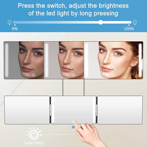 1 stk sort LED 3-sidet foldbar makeup-spejl med lys, dæmpbar