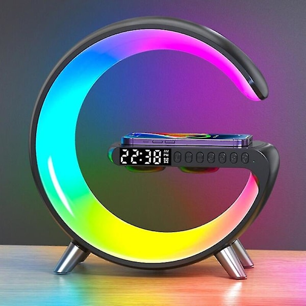 Multifunksjonell trådløs lader, alarmklokke, høyttaler, app-kontrollert RGB-nattlys, trådløs ladestasjon, svart